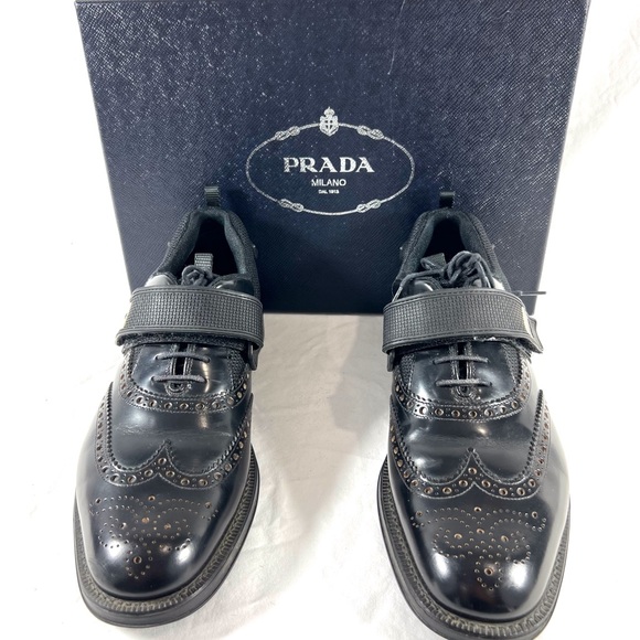 PRADA Black Leather Hook & Loop Men's Wingtin Brogues Oxfords Italy 7UK 8US - Picture 1 of 17